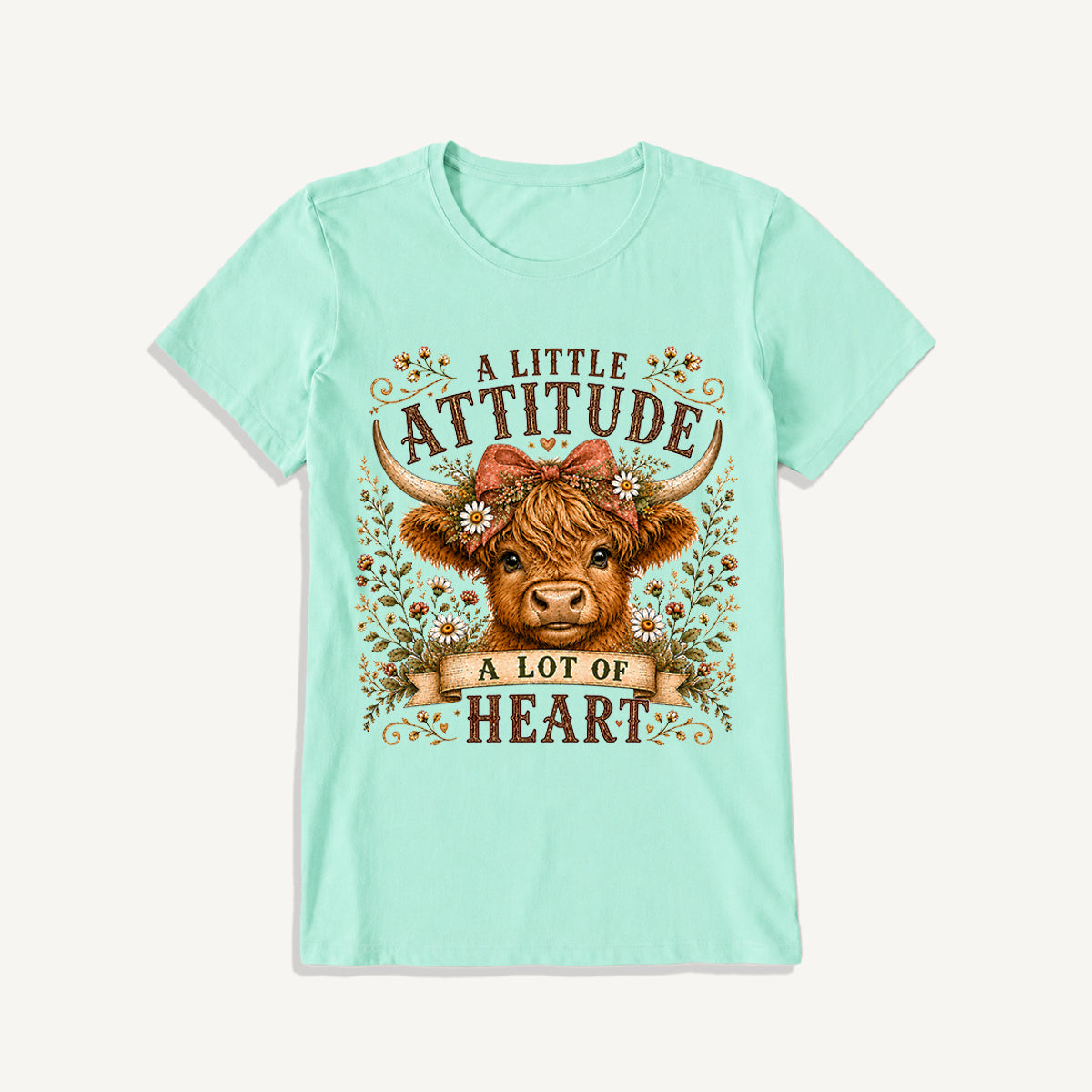 Little Attitude Highland Cow Print Crew Neck Cotton Tee