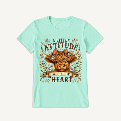 Little Attitude Highland Cow Print Crew Neck Cotton Tee