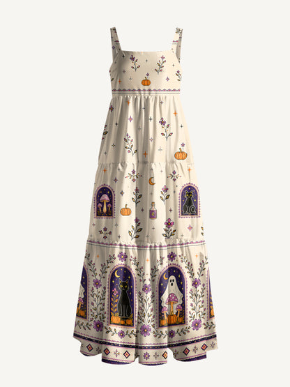Moonlit Ghost Garden Print Wide Straps Maxi Dress With Pockets