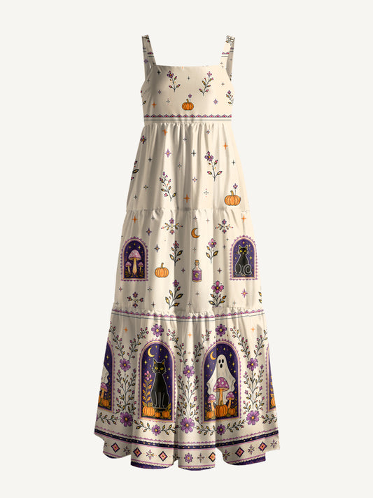 Moonlit Ghost Garden Print Wide Straps Maxi Dress With Pockets