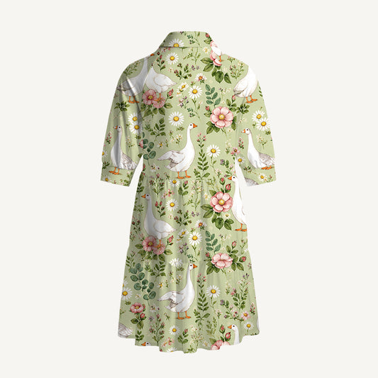 V Neck Collared Pastoral Goose Garden Mini Dress For Women With Pockets