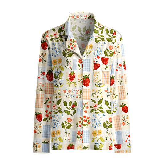 Strawberry Garden Patchwork Print Long Pajama Set