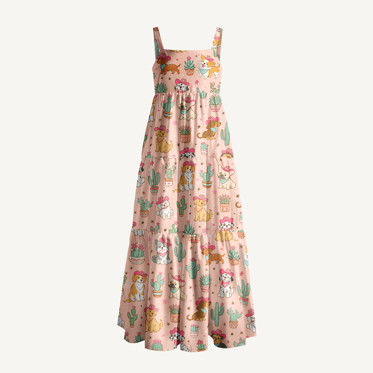 Cowgirl Dogs Pattern Print Wide Straps Maxi Dress With Pockets