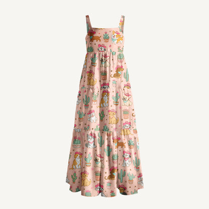 Cowgirl Dogs Pattern Print Wide Straps Maxi Dress With Pockets