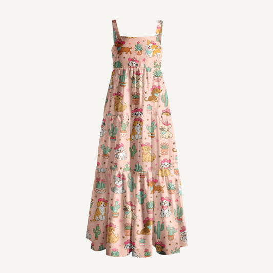 Cowgirl Dogs Pattern Print Wide Straps Maxi Dress With Pockets
