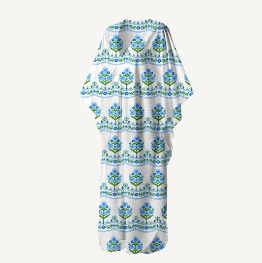 V‑Neck Azure Folk Kimono Sleeve Kaftan Dress