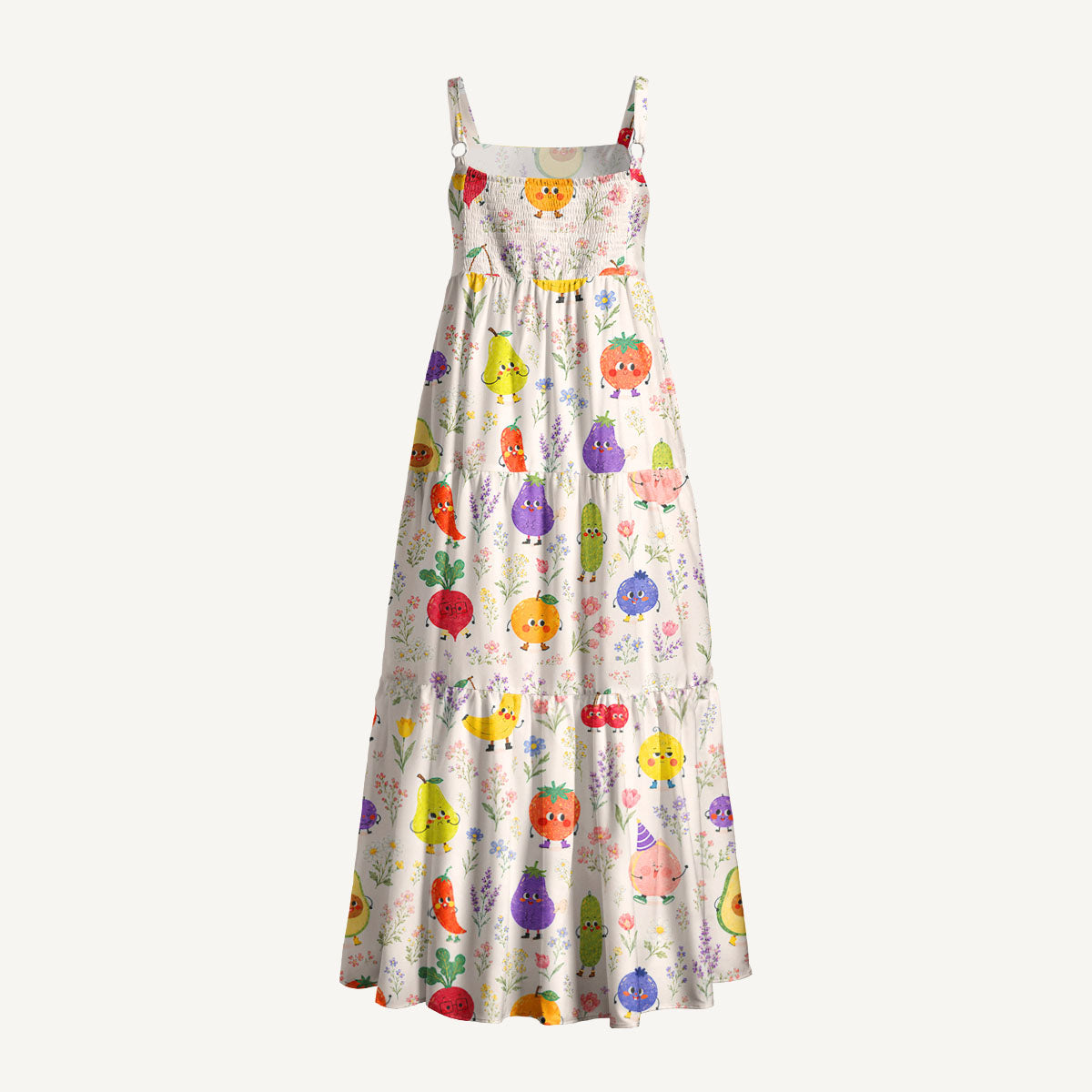 Whimsical Fruit Blossom Garden Print Wide Straps Maxi Dress With Pockets