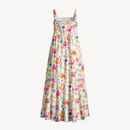 Romantic Floral Meadow Pattern Print Wide Straps Maxi Dress With Pockets