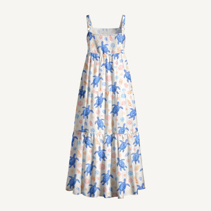Ocean Blossom Turtles Print Wide Straps Maxi Dress With Pockets