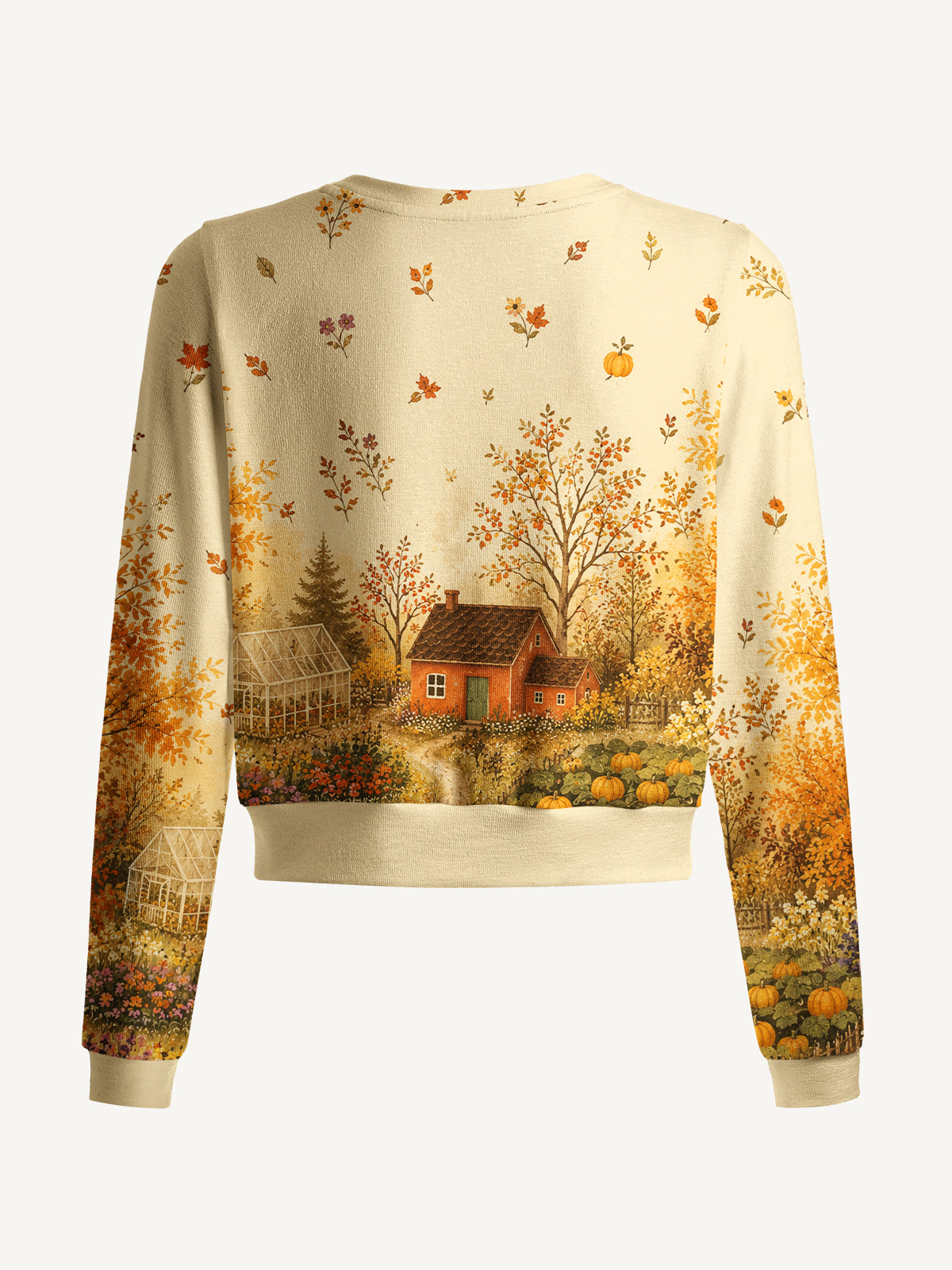 Lightweight Crew Neck Long‑Sleeve Cropped Autumn Garden Retreat Print Fine‑Knit Cardigan