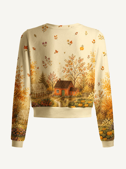 Lightweight Crew Neck Long‑Sleeve Cropped Autumn Garden Retreat Print Fine‑Knit Cardigan