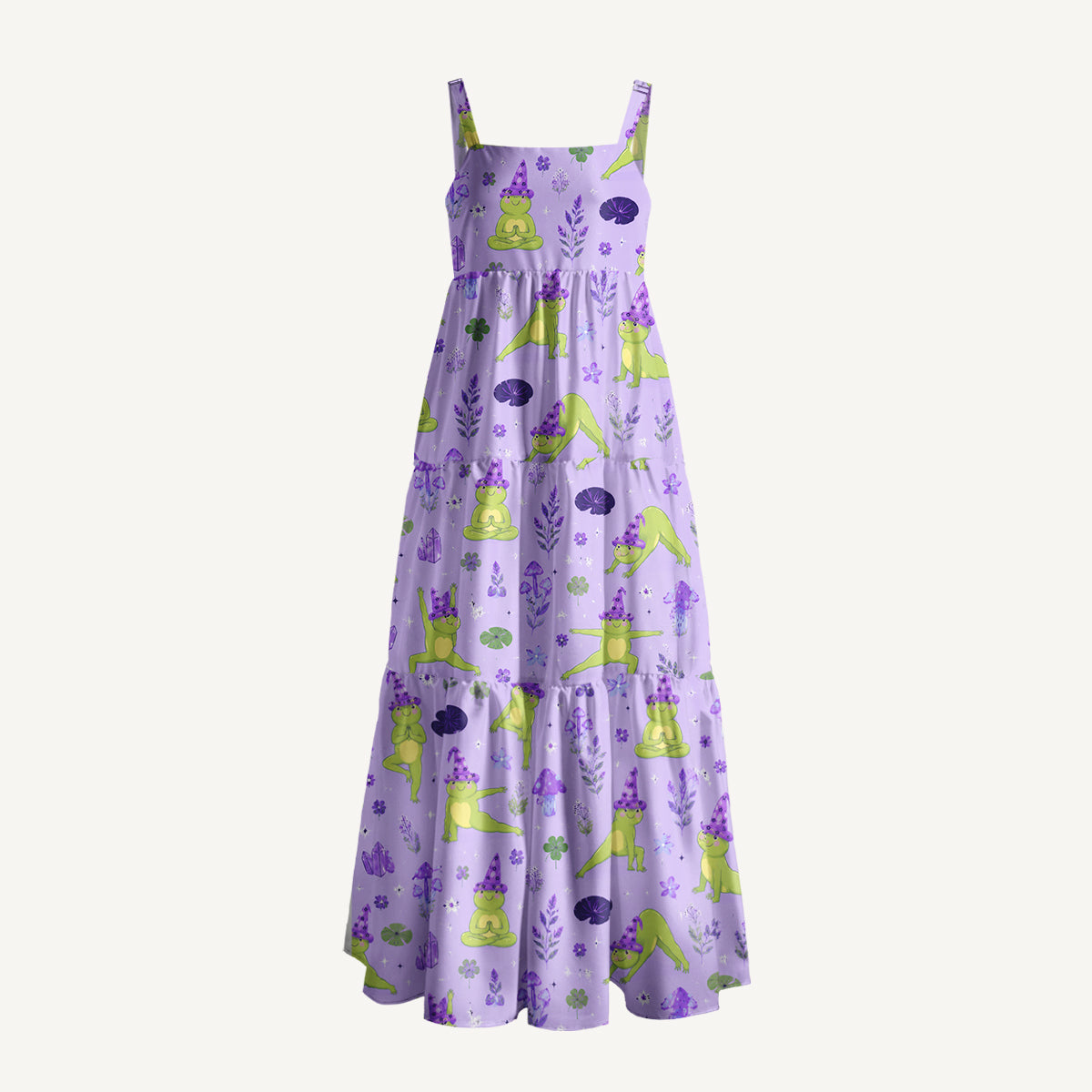 Frog Yoga Print Wide Straps Maxi Dress With Pockets