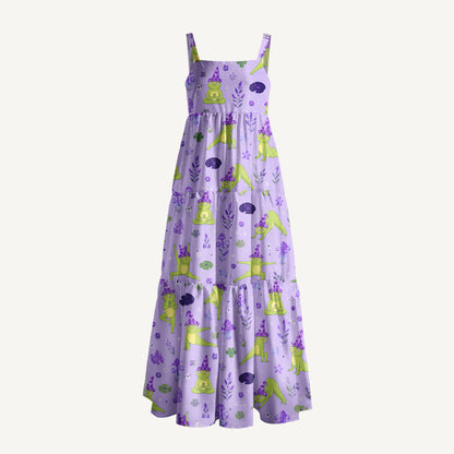 Frog Yoga Print Wide Straps Maxi Dress With Pockets