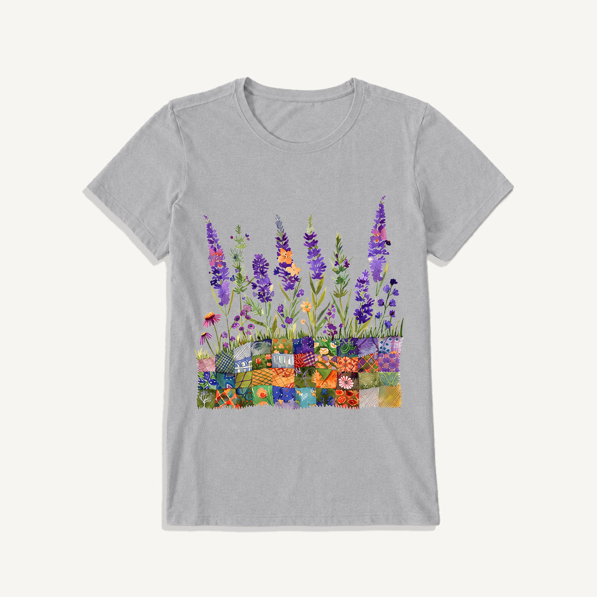 Lavender on Patchwork Meadow Print Crew Neck Cotton Tee