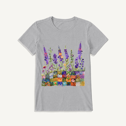 Lavender on Patchwork Meadow Print Crew Neck Cotton Tee
