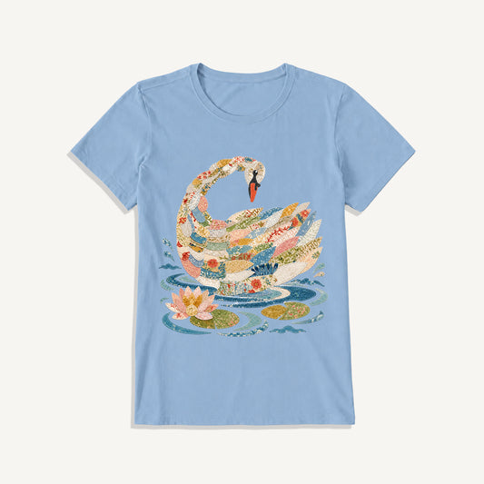 Patchwork Swan Garden Print Crew Neck Cotton Tee