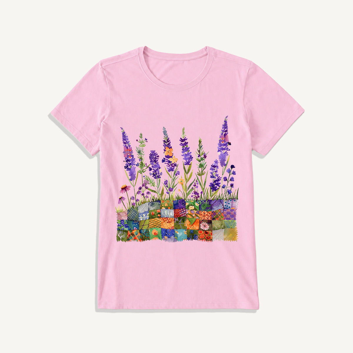 Lavender on Patchwork Meadow Print Crew Neck Cotton Tee