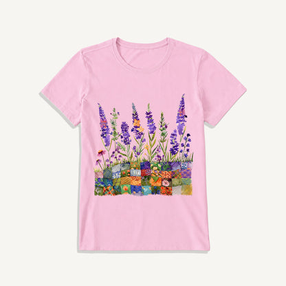 Lavender on Patchwork Meadow Print Crew Neck Cotton Tee