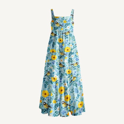 Flower Birds Print Wide Straps Maxi Dress With Pockets