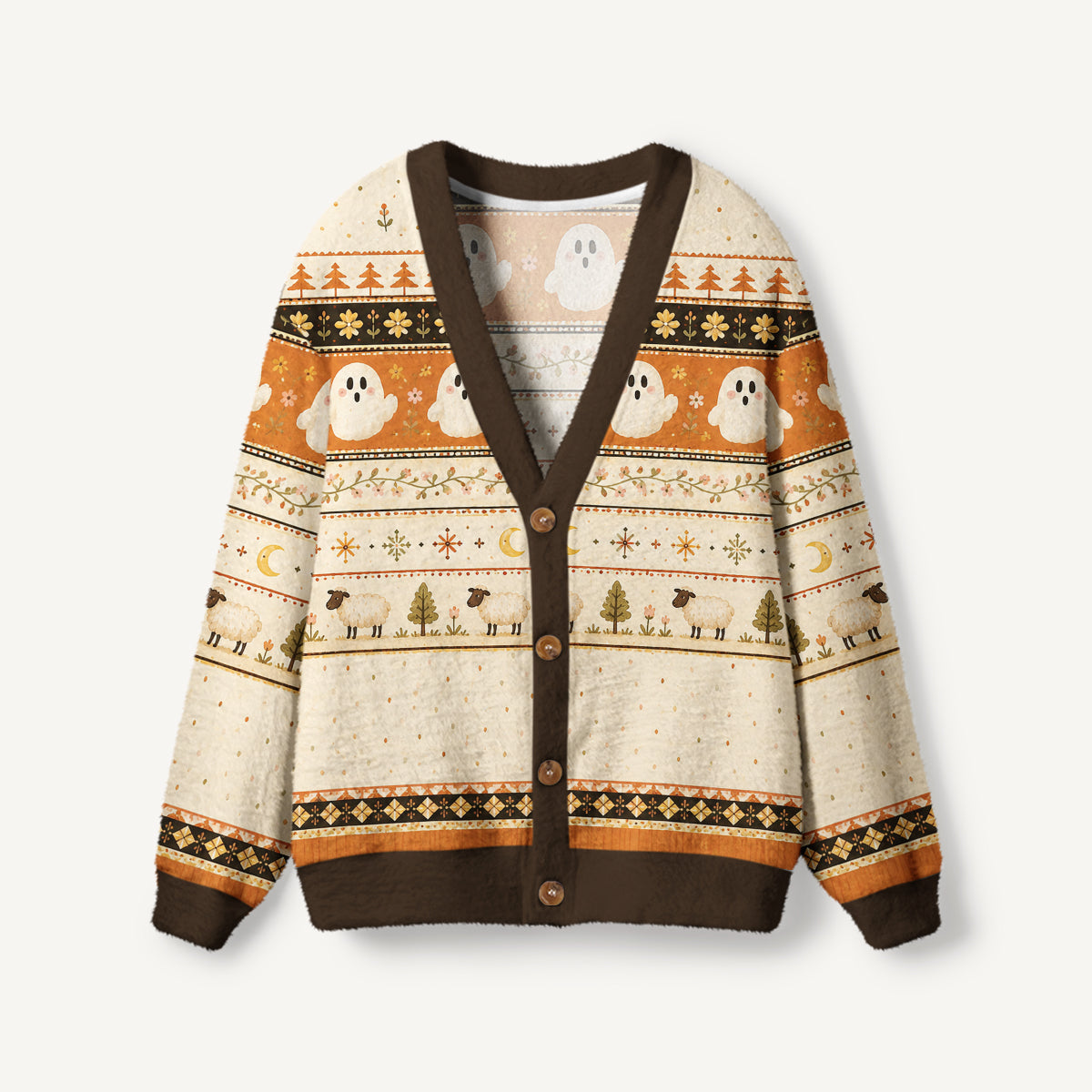 Vintage Ghost Folklore Pattern Print Halloween Ugly Cardigan Sweaters