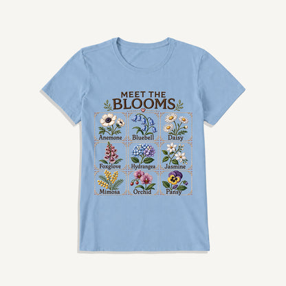 Meet the Blooms Embroidery Chart Print Crew Neck Cotton Tee