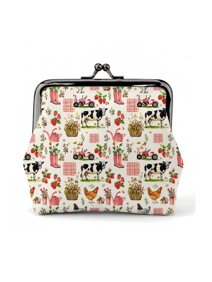 Watercolor Pink Farm Chicken Cow Print Leather Mini Clasp Purse