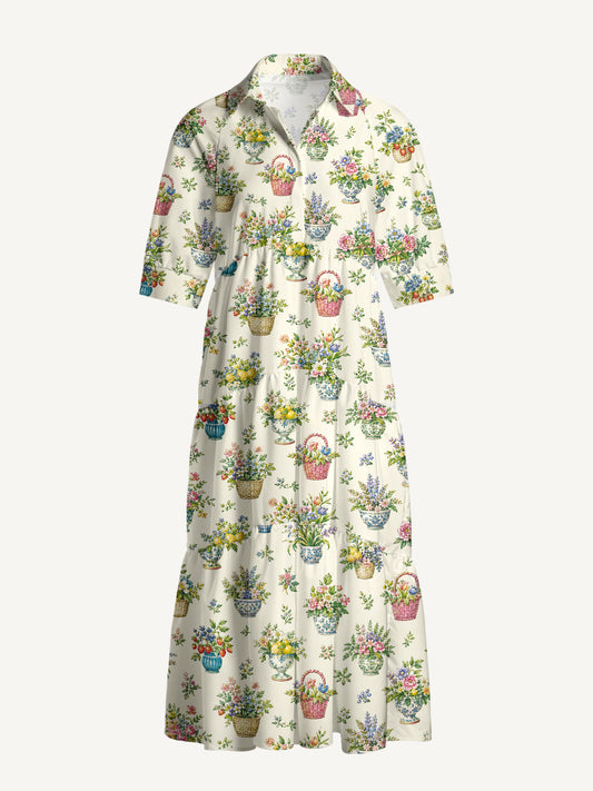 V Neck Collared Garden Baskets  Print Casual Midi Dress With Pockets