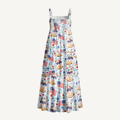 Patriotic Cowboy Boots Print Wide Straps Maxi Dress With Pockets
