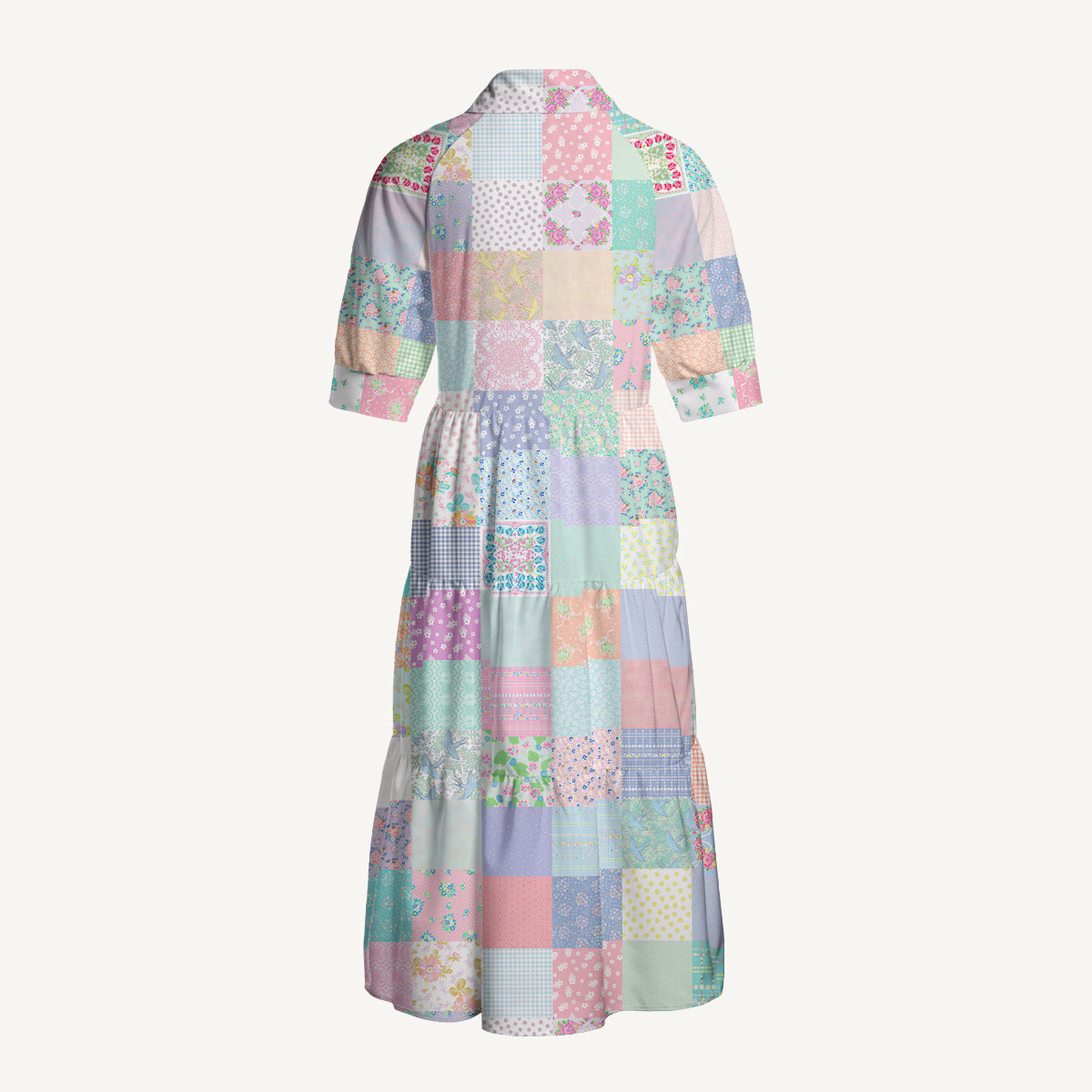Vintage Quilt Patchwork Midi Dress For Women With Pockets