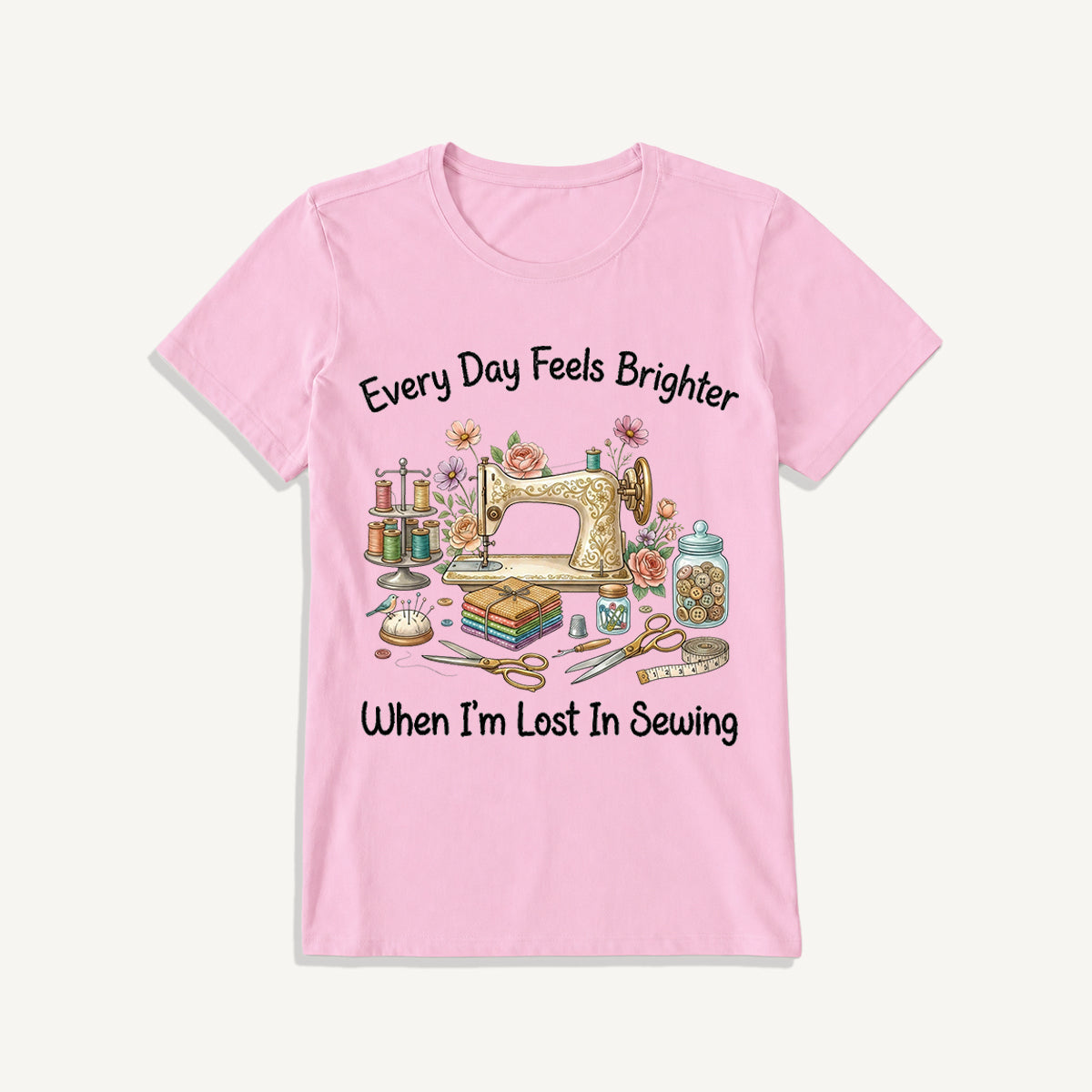Lost in Sewing Joy Print Crew Neck Cotton Tee