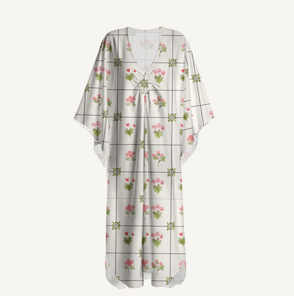 V‑Neck Meadow Tile Bloom Kimono Sleeve Kaftan Dress