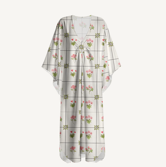 V‑Neck Meadow Tile Bloom Kimono Sleeve Kaftan Dress