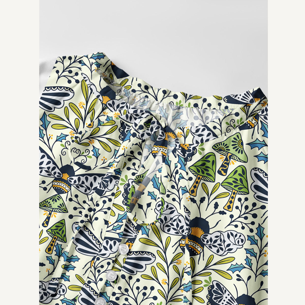 Botanical Bee Garden Print Boho Tie‑Neck Smock Mini Dress