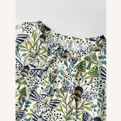 Botanical Bee Garden Print Boho Tie‑Neck Smock Mini Dress