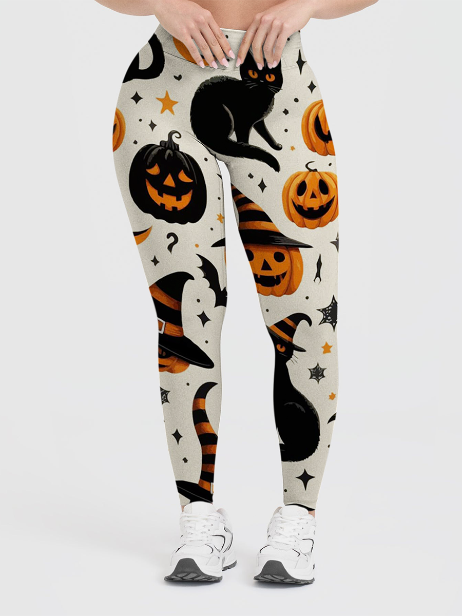 Vintage Retro Americana Black Cat Pumpkin Moon Halloween Leggings
