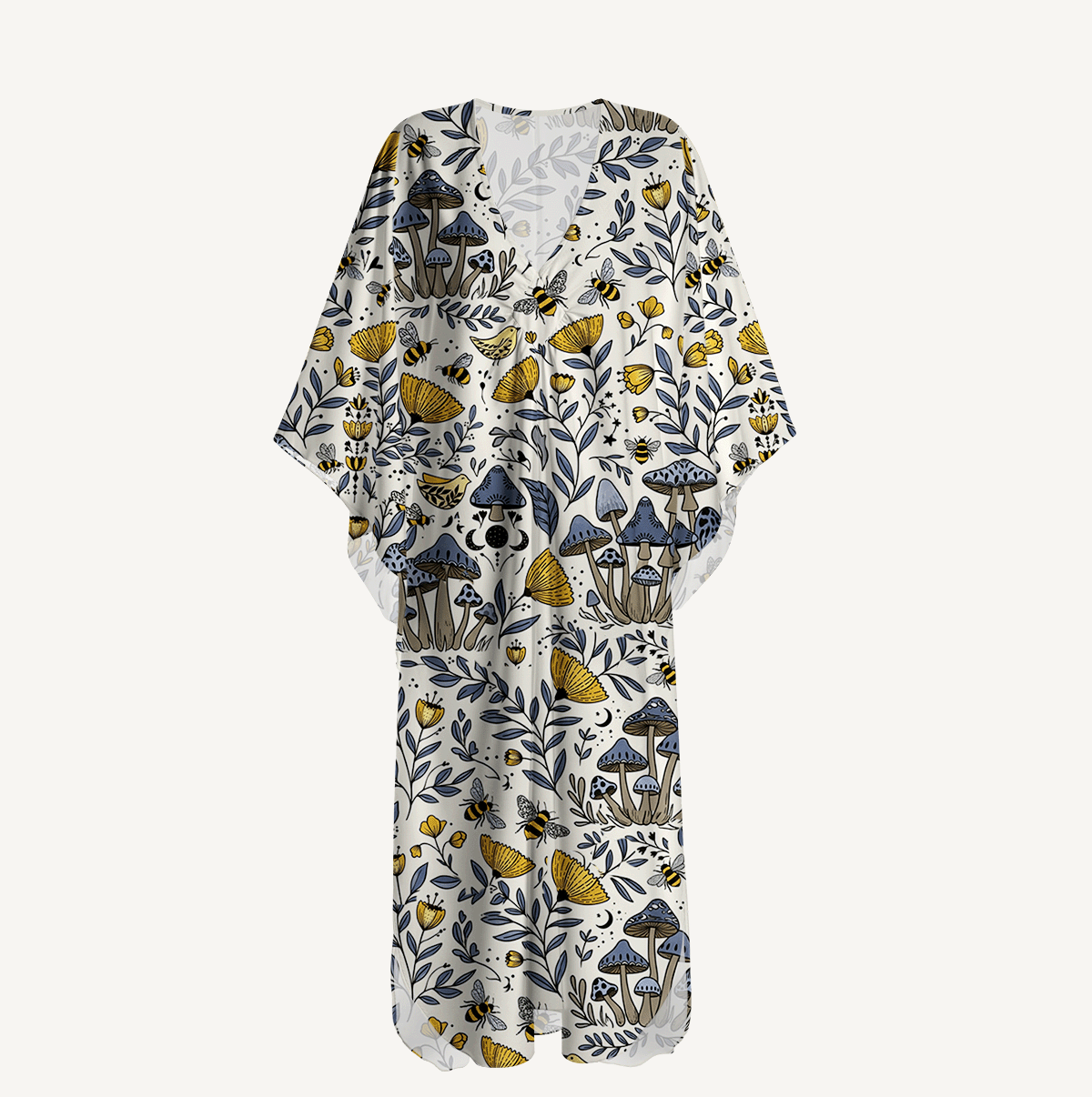 V‑Neck Bee Whisper Forest Kimono Sleeve Kaftan Dress