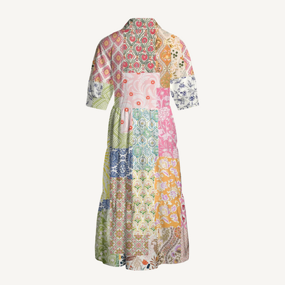 Colorful Bohemian Patchwork Print Midi Dress For Women With Pockets