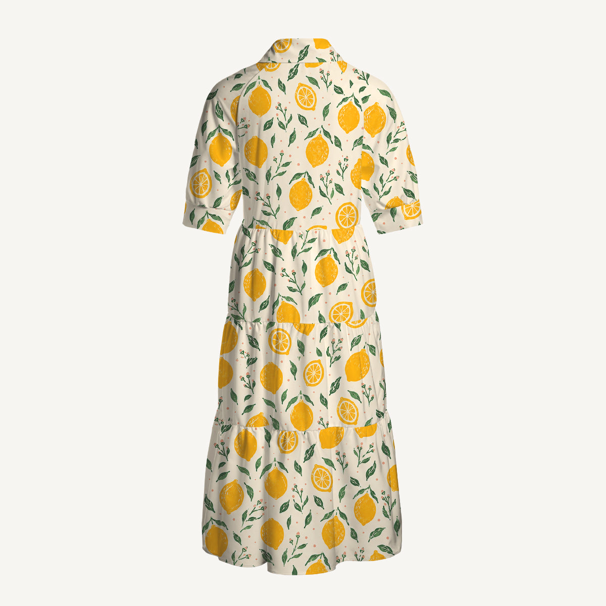 V Neck Collared Vintage Lemon Orchard Print Casual Midi Dress With Pockets
