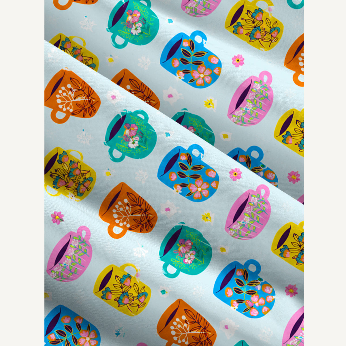 Colorful Hand-Drawn Teacup Print Wide Straps Maxi Dress With Pockets