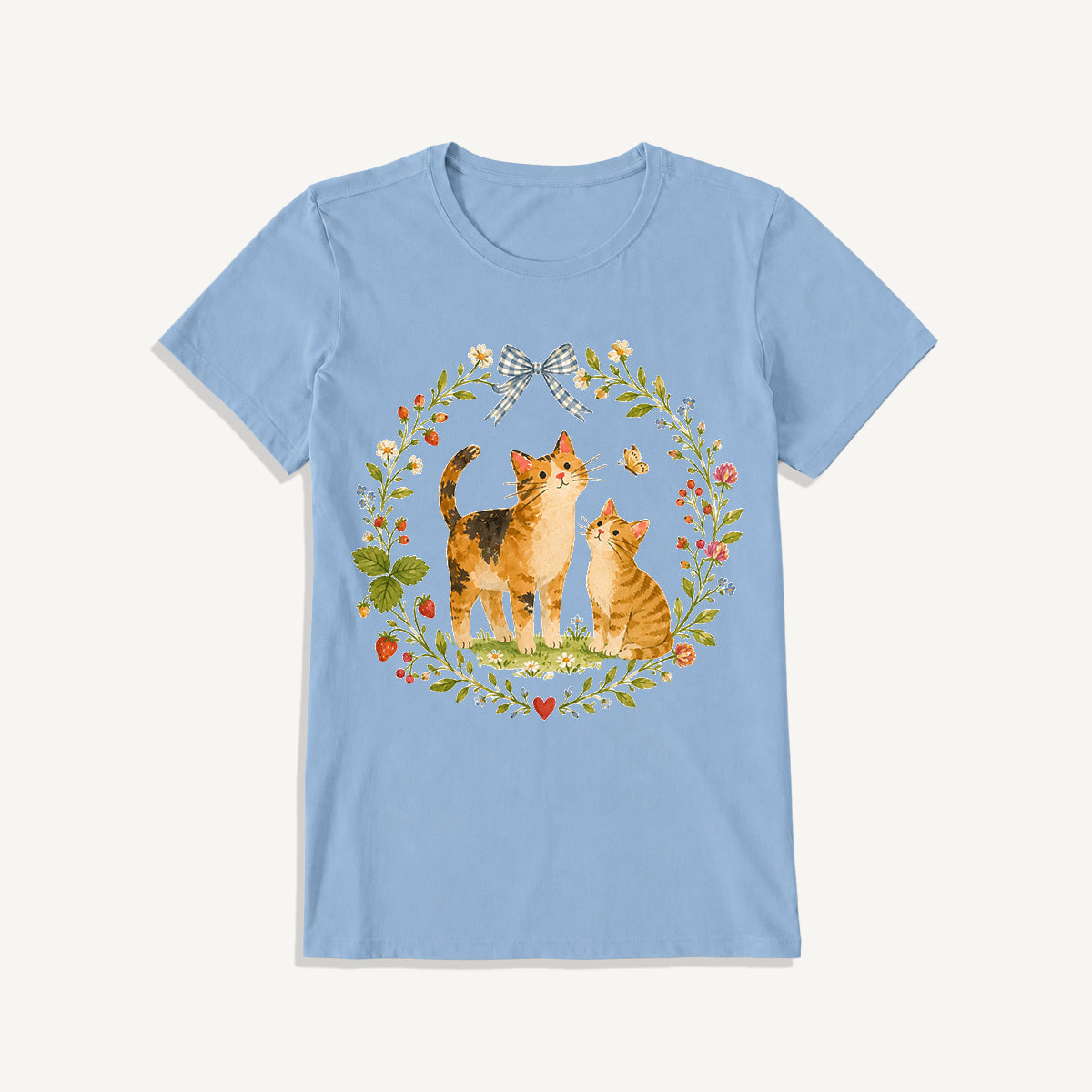 Strawberry Garden Cats Print Crew Neck Cotton Tee