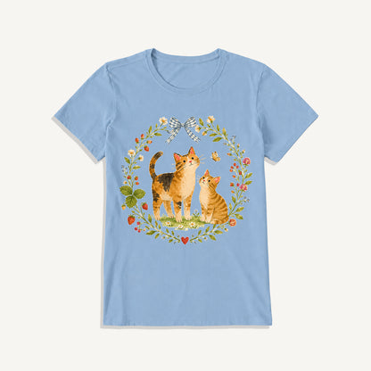Strawberry Garden Cats Print Crew Neck Cotton Tee
