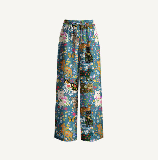 Colorful Garden Cat Pattern Print Wide Leg Tie Waist Pants With Pockets