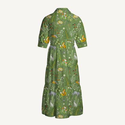 Whimsical Woodland Animals Print Midi Dress For Women With Pockets
