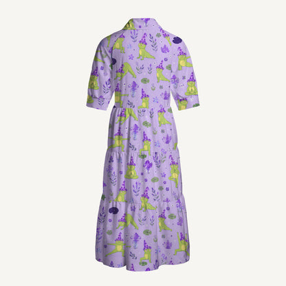 V Neck Collared Frog Yoga Print Casual Midi Dress With Pockets