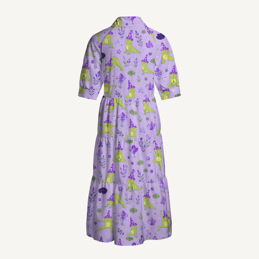 V Neck Collared Frog Yoga Print Casual Midi Dress With Pockets