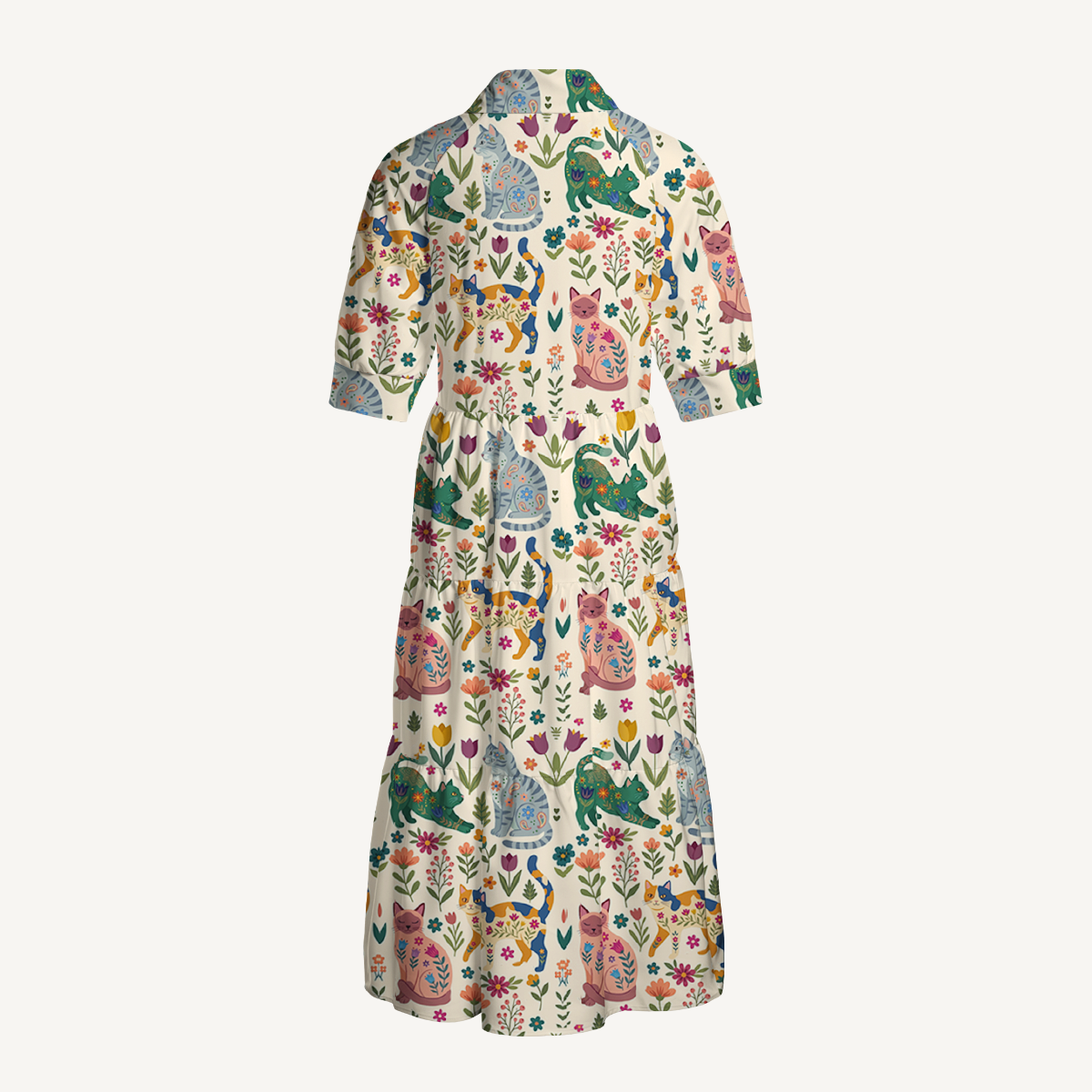 Cute Flower Cat Print Midi Dress For Women With Pockets
