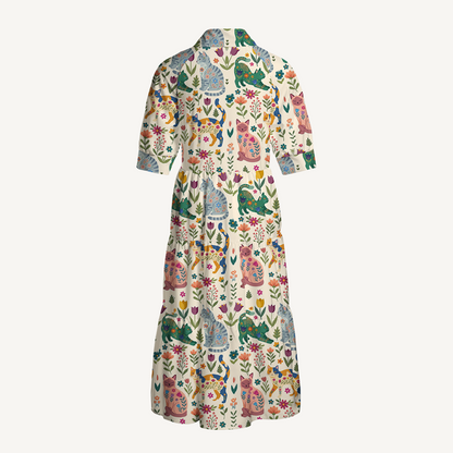 Cute Flower Cat Print Midi Dress For Women With Pockets