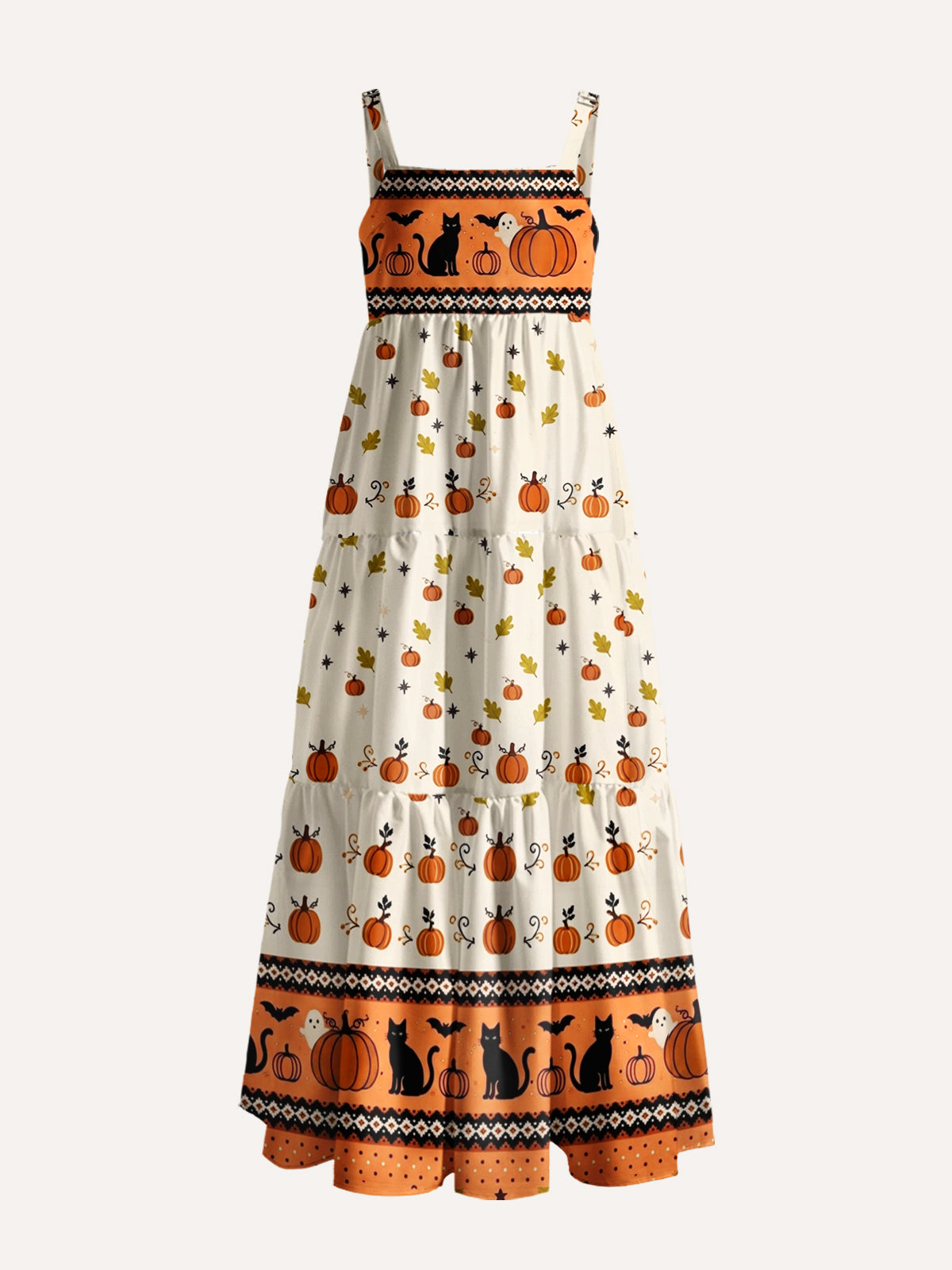 Pumpkin Spell Black Cat Print Wide Straps Maxi Dress With Pockets
