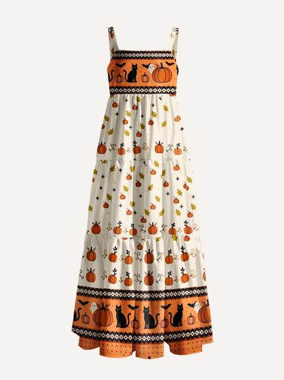 Pumpkin Spell Black Cat Print Wide Straps Maxi Dress With Pockets