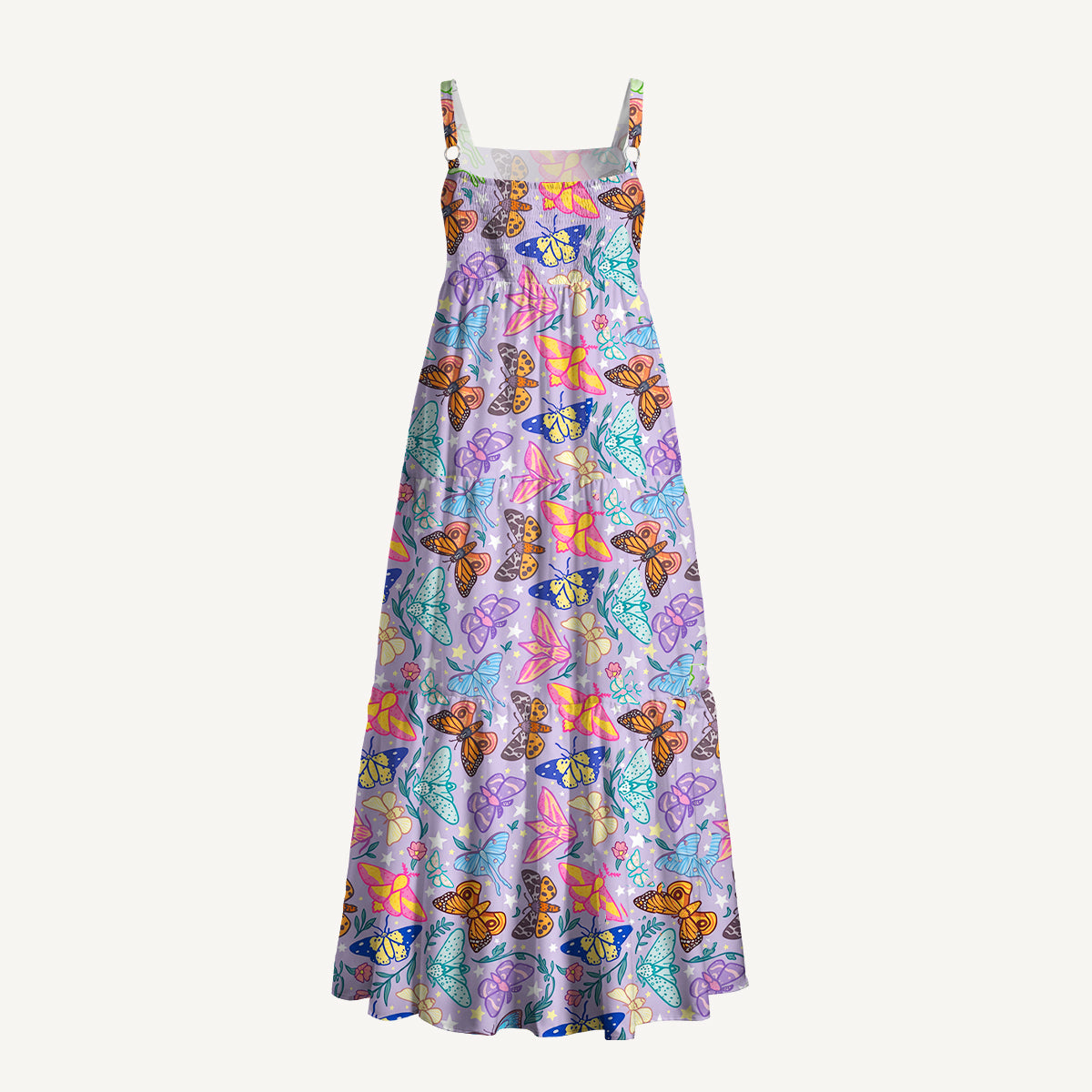 Enchanted Twilight Butterfly Garden Print Wide Straps Maxi Dress With Pockets